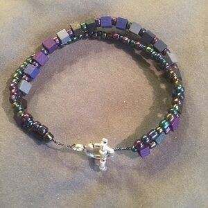 💜Glass and wood double strand wire bracelet